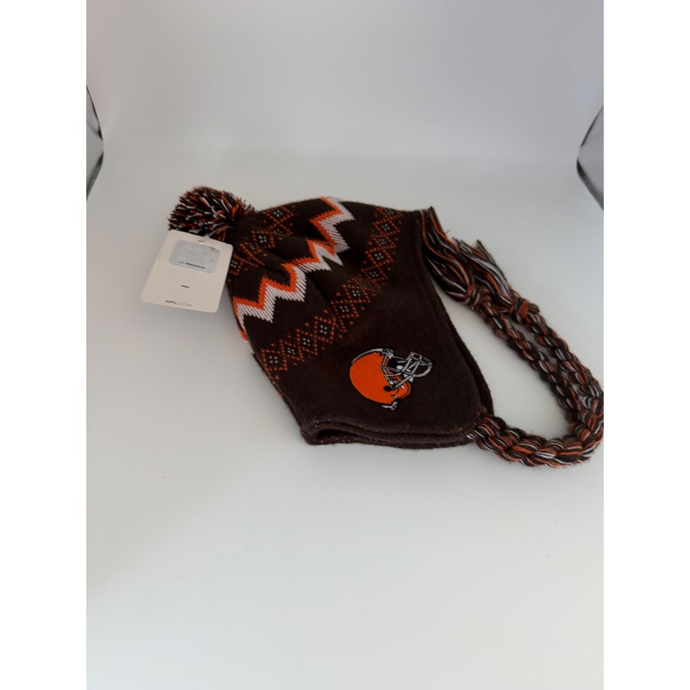 NFL Cleveland Browns Knit Trapper Hat Beanie Pom Braided Tassels  NWT
